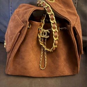 CHANEL 25 Brown Quilted Suede Drawstring Hobo Bag with Gold Chain